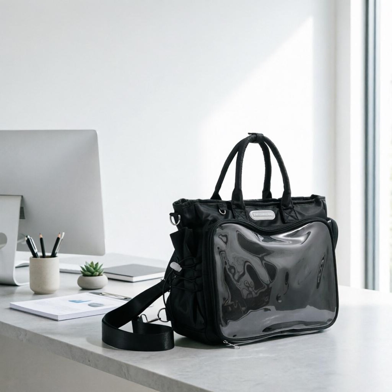 Large Black Convertible Ita Bag with Clear Window for Plushies and Pins Large Black Convertible Ita Bag with Clear Window for Plushies and Pins — ita bag detail view