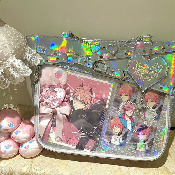 Large Black Gothic Ita Tote Bag with Clear Window for Pin Display — ita tote bag detail view