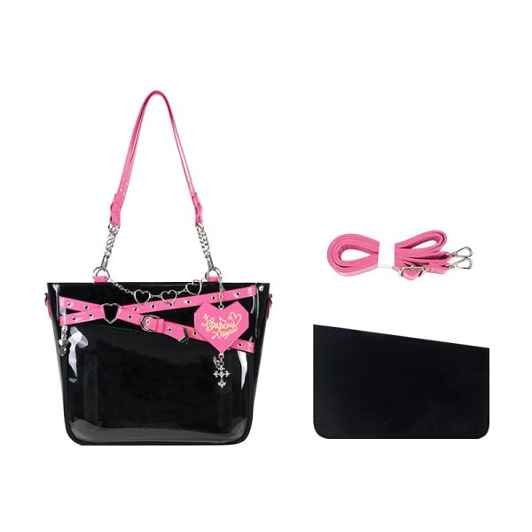 Large Black Gothic Ita Tote Bag with Clear Window for Pin Display — ita tote bag detail view