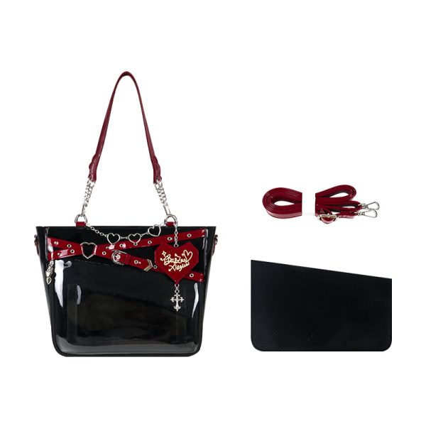 Large Black Gothic Ita Tote Bag with Clear Window for Pin Display — ita tote bag detail view