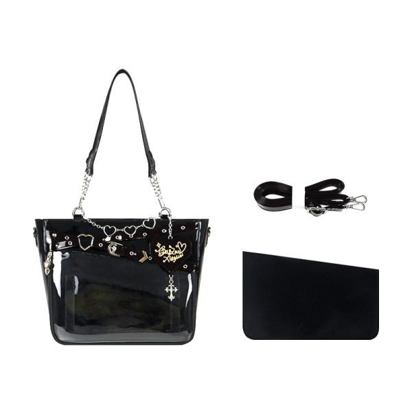 Large Black Gothic Ita Tote Bag with Clear Window for Pin Display — ita tote bag detail view