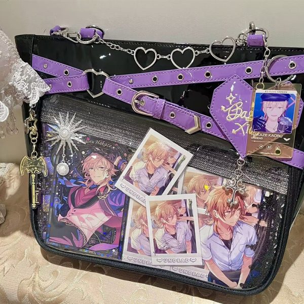 Large Black Gothic Ita Tote Bag with Clear Window for Pin Display — ita tote bag detail view