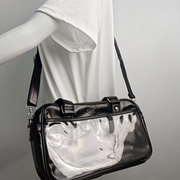 Large Black Ita Crossbody Bag with Clear Window for Pin Display — crossbody ita bag detail view