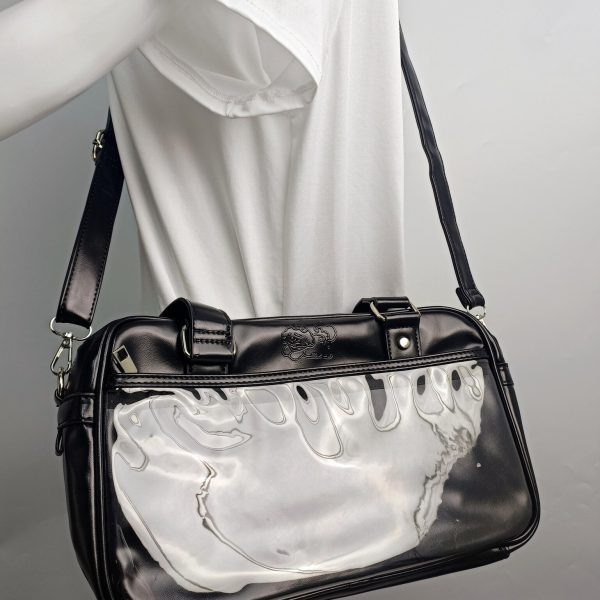 Large Black Ita Crossbody Bag with Clear Window for Pin Display — crossbody ita bag detail view