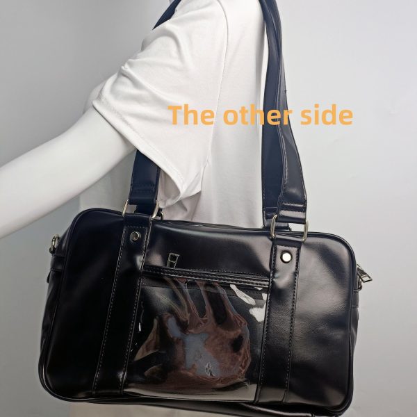 Large Black Ita Crossbody Bag with Clear Window for Pin Display — crossbody ita bag detail view