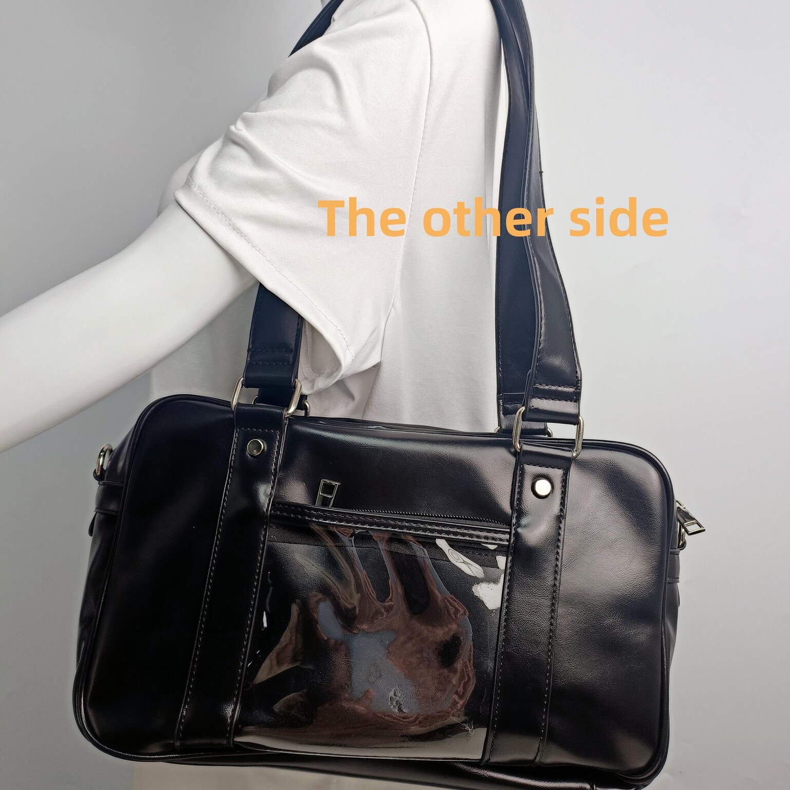 Large Black Ita Crossbody Bag with Clear Window for Pin Display Large Black Ita Crossbody Bag with Clear Window for Pin Display — crossbody ita bag detail view