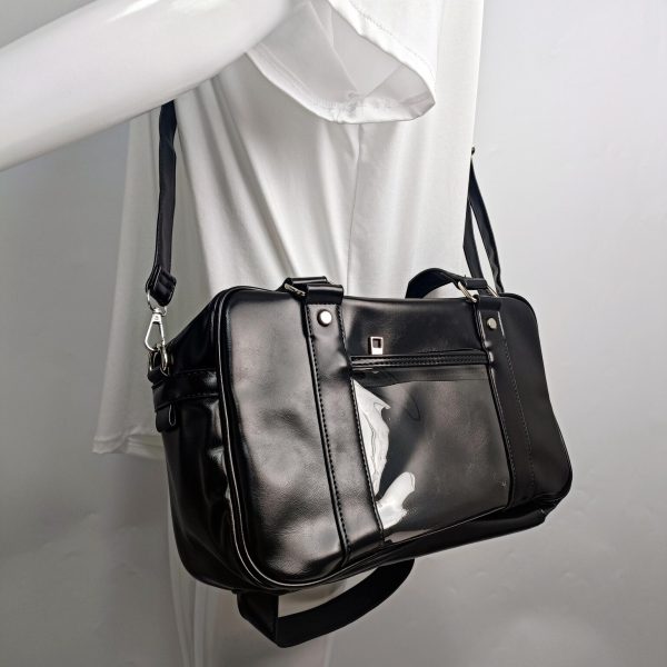 Large Black Ita Crossbody Bag with Clear Window for Pin Display — crossbody ita bag detail view