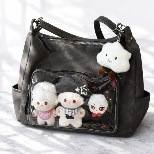 Large Black Ita Messenger Bag with Clear Window for Plushies and Pins — ita bag detail view