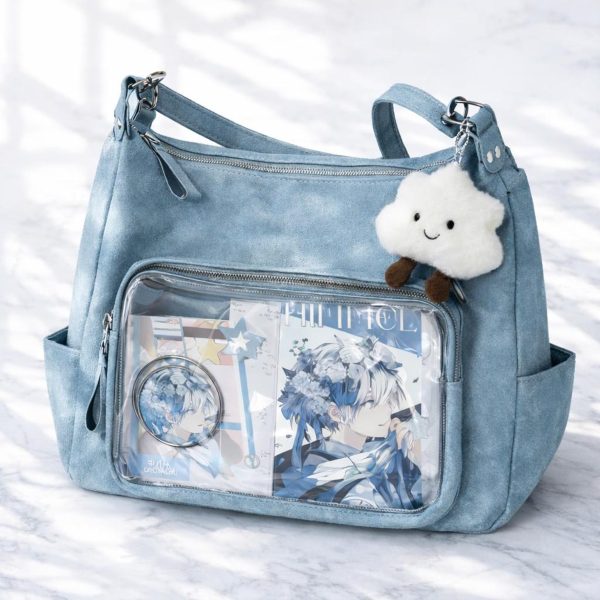 Large Black Ita Messenger Bag with Clear Window for Plushies and Pins — ita bag detail view