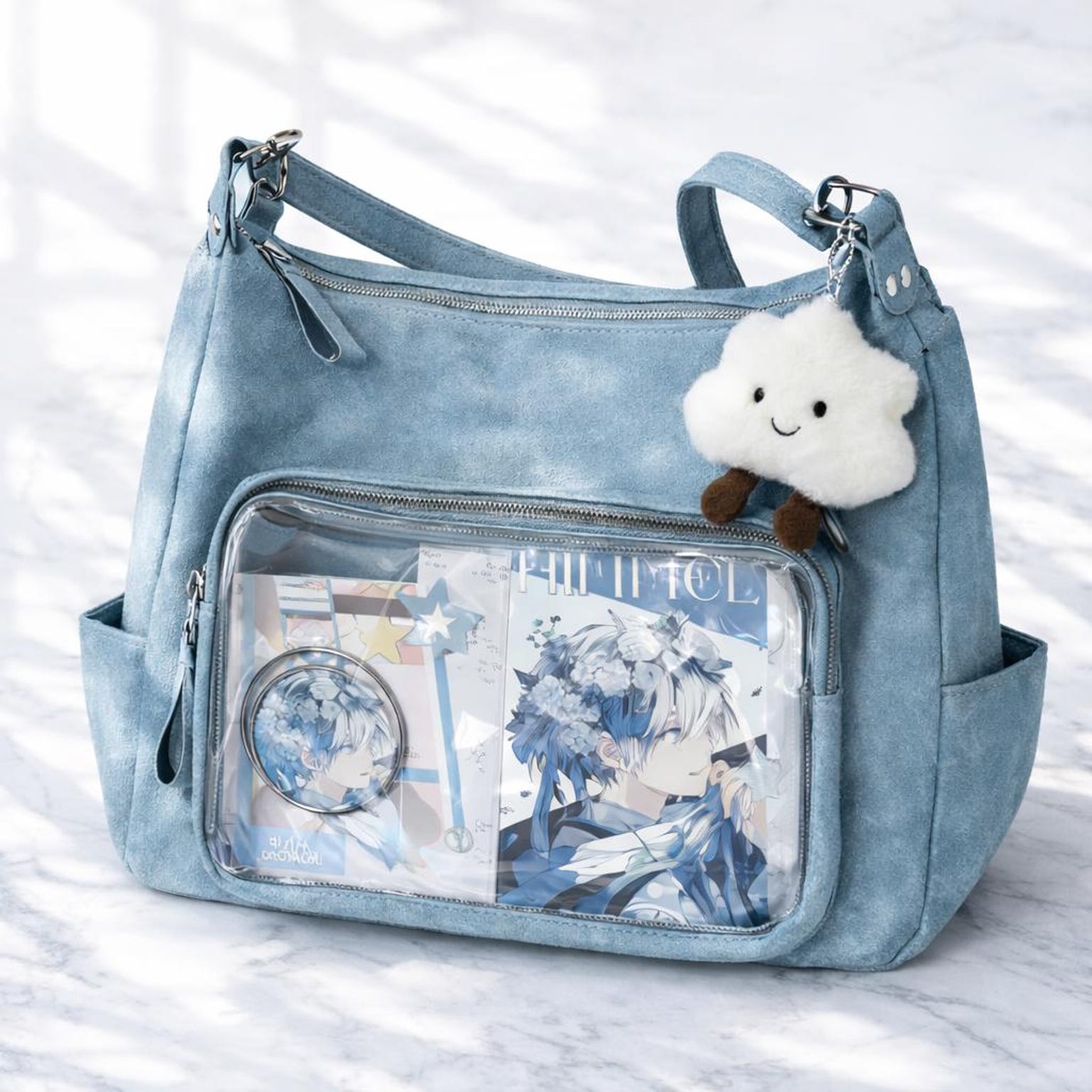Large Black Ita Messenger Bag with Clear Window for Plushies and Pins Large Black Ita Messenger Bag with Clear Window for Plushies and Pins — ita bag detail view