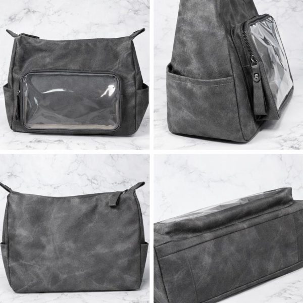 Large Black Ita Messenger Bag with Clear Window for Plushies and Pins — ita bag detail view
