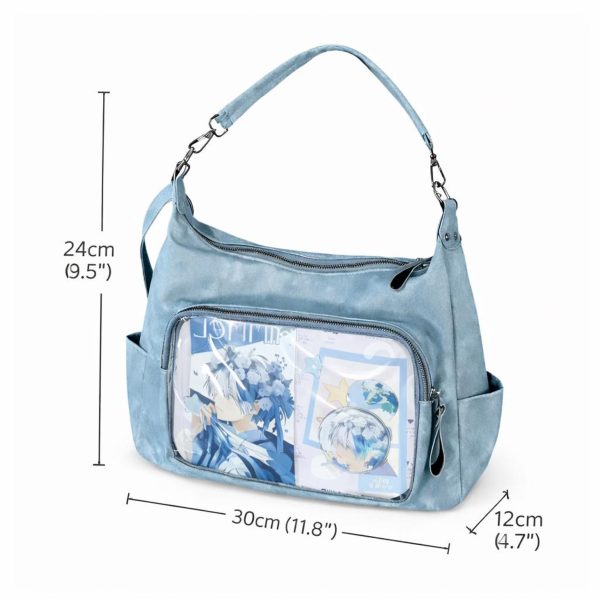 Large Black Ita Messenger Bag with Clear Window for Plushies and Pins — ita bag detail view