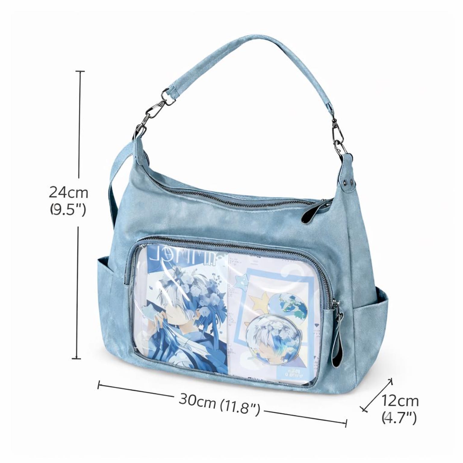 Large Black Ita Messenger Bag with Clear Window for Plushies and Pins Large Black Ita Messenger Bag with Clear Window for Plushies and Pins — ita bag detail view
