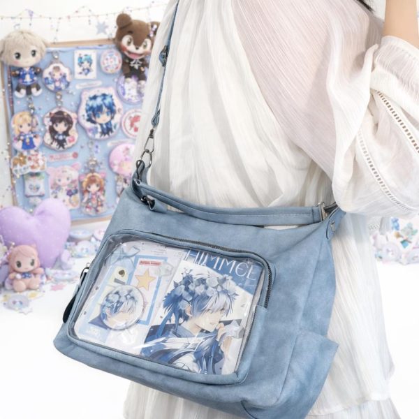 Large Black Ita Messenger Bag with Clear Window for Plushies and Pins — ita bag detail view