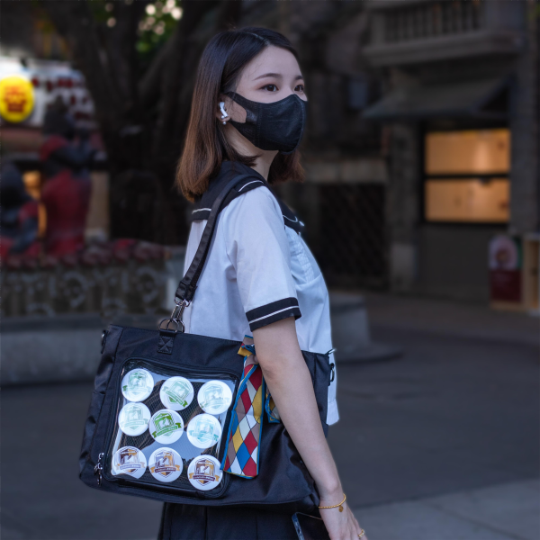 Large Black Ita Tote Bag with Clear Window for Pin Display — ita tote bag detail view