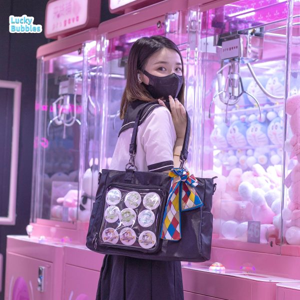 Large Black Ita Tote Bag with Clear Window for Pin Display — ita tote bag with clear display window