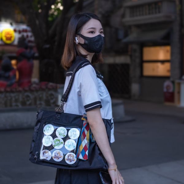 Large Black Ita Tote Bag with Clear Window for Pin Display — ita tote bag detail view