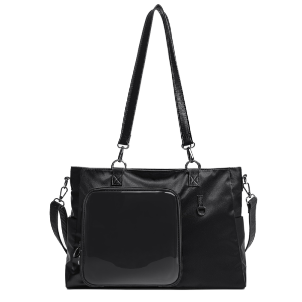 Large Black Ita Tote Bag with Clear Window for Pin Display — ita tote bag detail view
