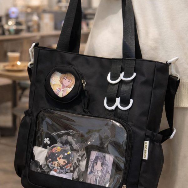 Large Black Ita Tote Bag with Clear Window for Pin Display — ita tote bag detail view
