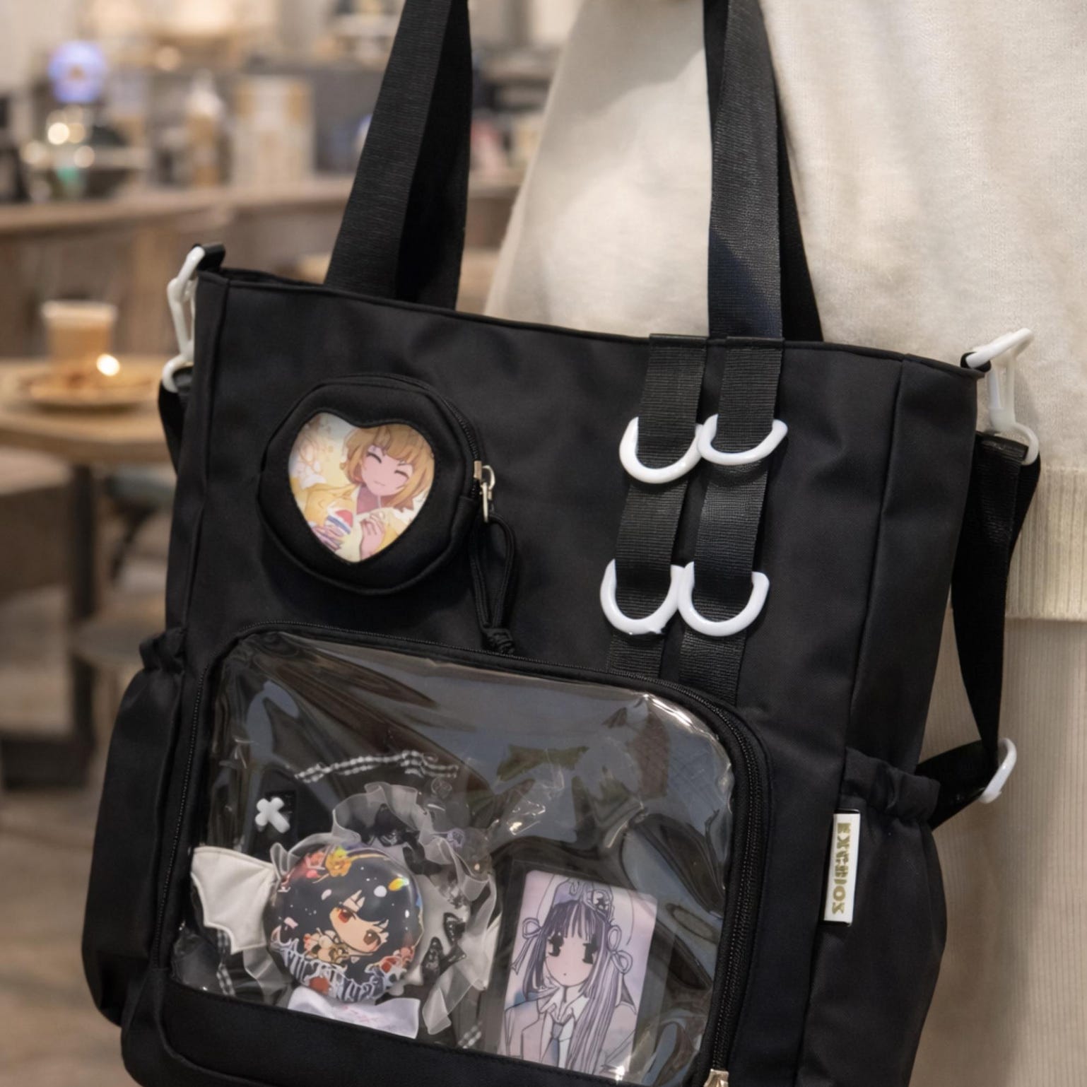 Large Black Ita Tote Bag with Clear Window for Pin Display Large Black Ita Tote Bag with Clear Window for Pin Display — ita tote bag detail view