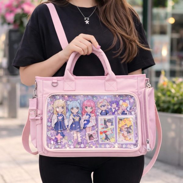 Large Black Kawaii Convertible Ita Bag with Clear Window for Photocards and Pins — ita bag detail view