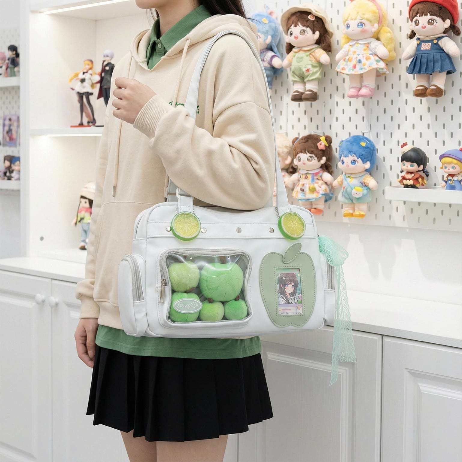 Large Black Kawaii Convertible Ita Bag with Clear Window for Plushies and Pins Large Black Kawaii Convertible Ita Bag with Clear Window for Plushies and Pins — ita bag detail view