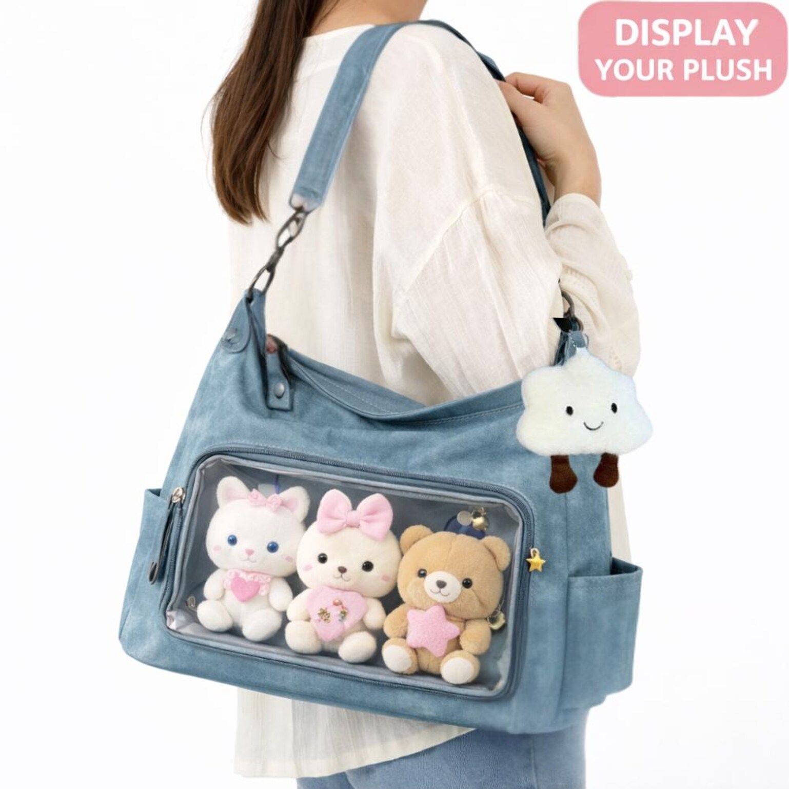 Large Black Kawaii Convertible Ita Bag with Clear Window for Plushies and Pins Large Black Kawaii Convertible Ita Bag with Clear Window for Plushies and Pins — ita bag detail view