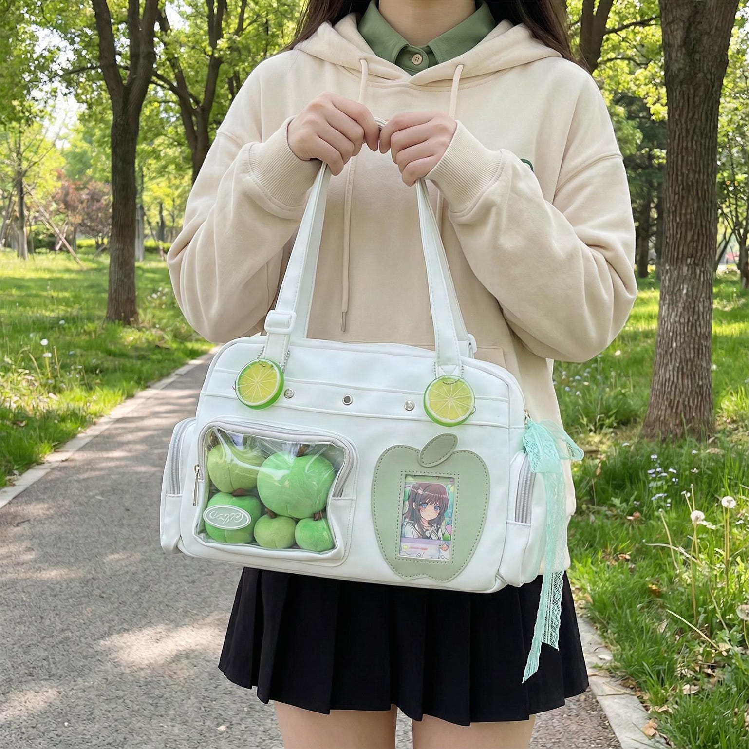Large Black Kawaii Convertible Ita Bag with Clear Window for Plushies and Pins Large Black Kawaii Convertible Ita Bag with Clear Window for Plushies and Pins — ita bag detail view