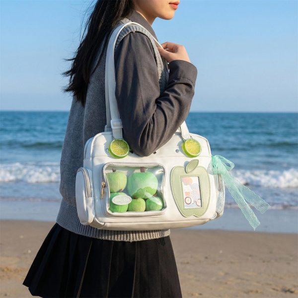 Large Black Kawaii Convertible Ita Bag with Clear Window for Plushies and Pins — ita bag detail view