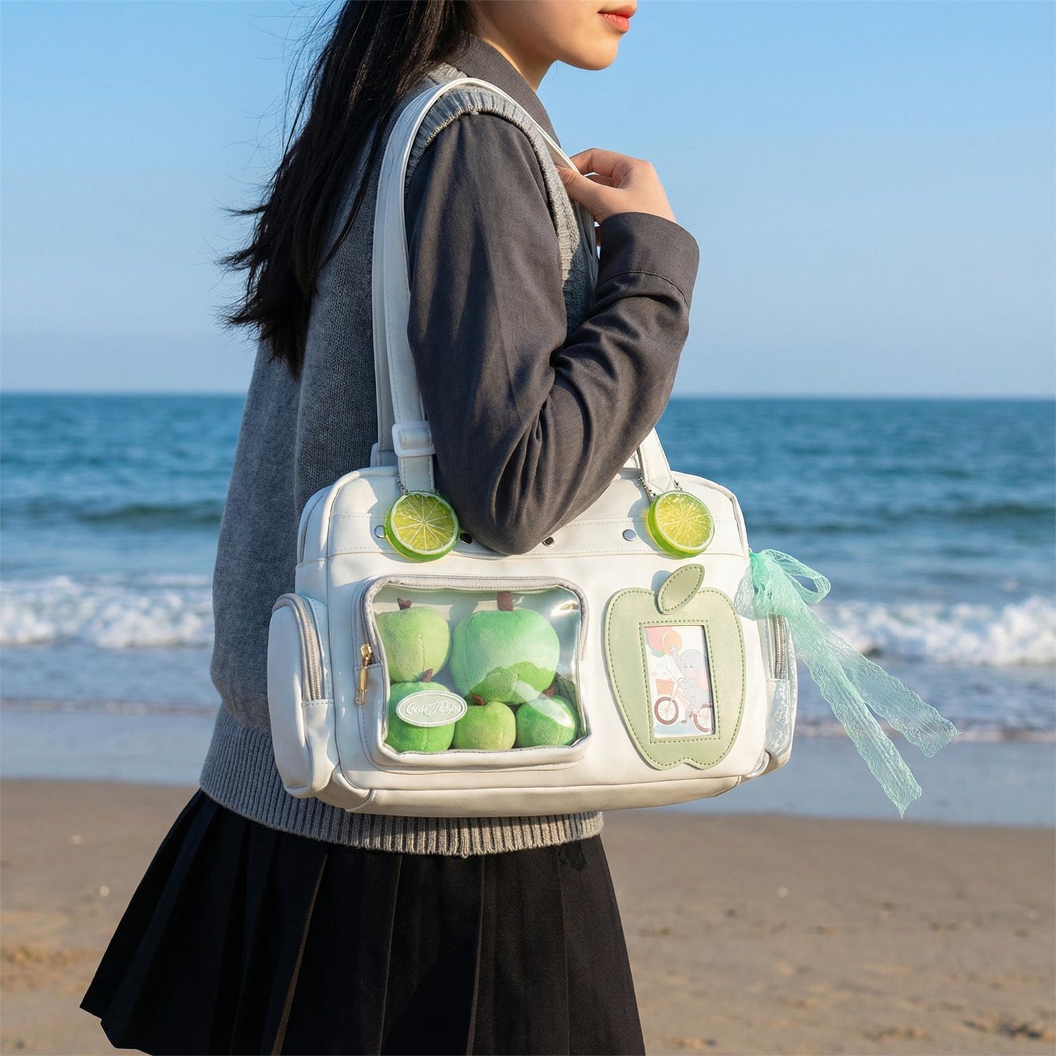Large Black Kawaii Convertible Ita Bag with Clear Window for Plushies and Pins Large Black Kawaii Convertible Ita Bag with Clear Window for Plushies and Pins — ita bag detail view