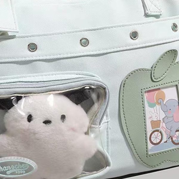 Large Black Kawaii Convertible Ita Bag with Clear Window for Plushies and Pins — ita bag detail view