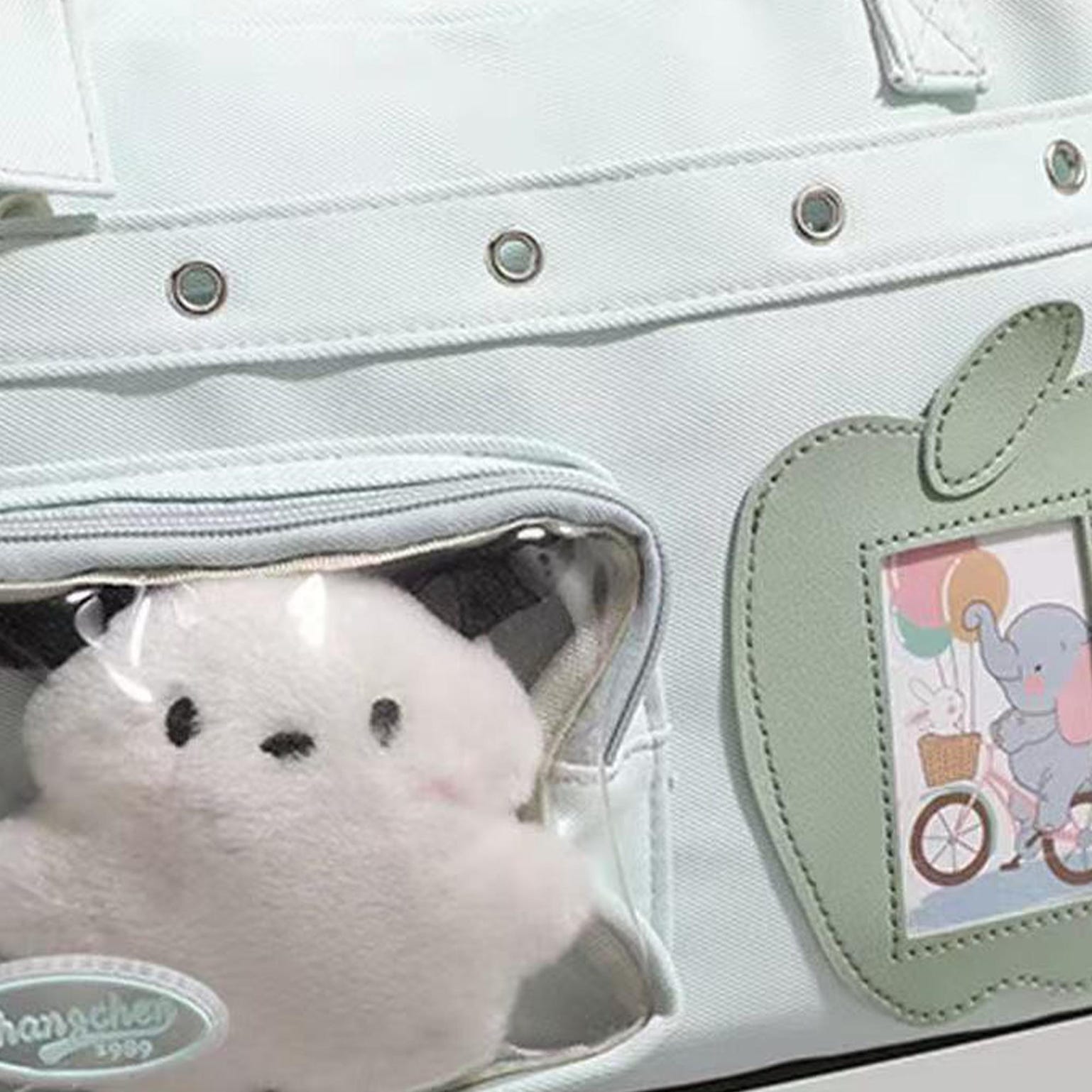 Large Black Kawaii Convertible Ita Bag with Clear Window for Plushies and Pins Large Black Kawaii Convertible Ita Bag with Clear Window for Plushies and Pins — ita bag detail view