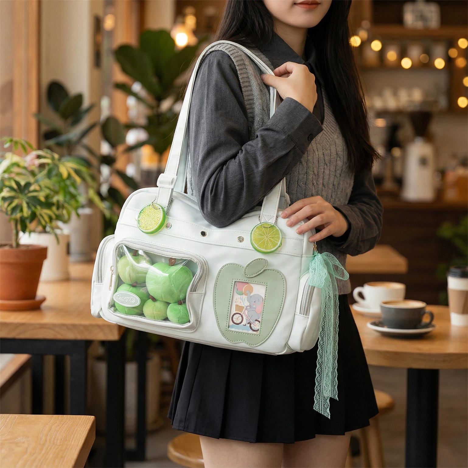 Large Black Kawaii Convertible Ita Bag with Clear Window for Plushies and Pins Large Black Kawaii Convertible Ita Bag with Clear Window for Plushies and Pins — ita bag detail view