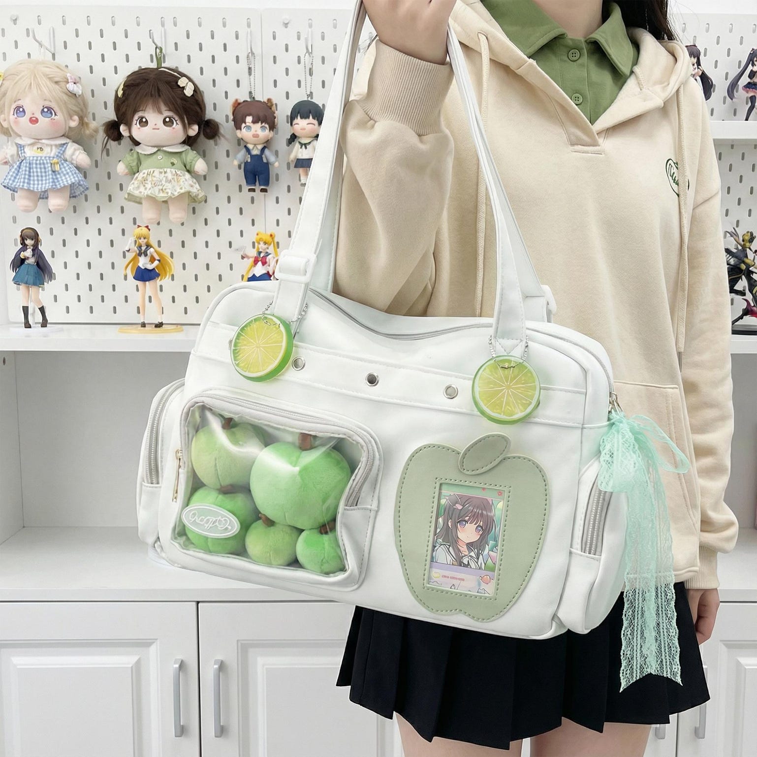 Large Black Kawaii Convertible Ita Bag with Clear Window for Plushies and Pins Large Black Kawaii Convertible Ita Bag with Clear Window for Plushies and Pins — ita bag with clear display window