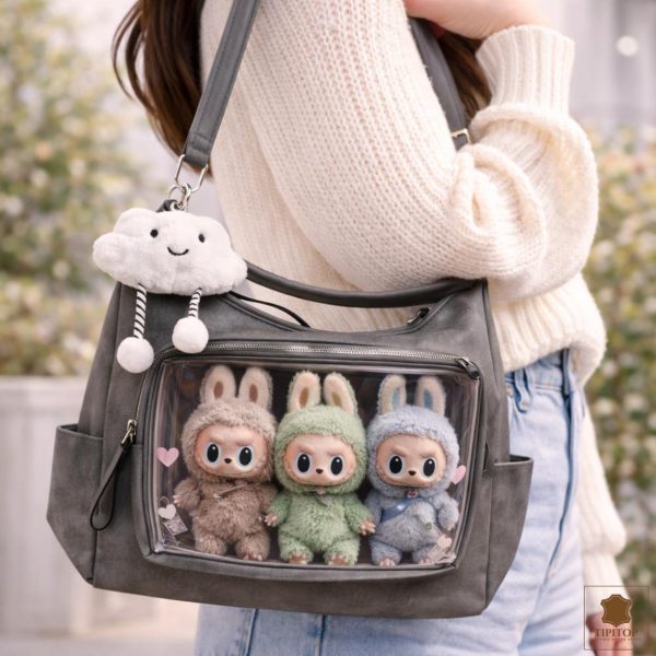 Large Black Kawaii Ita Messenger Bag with Clear Window for Plushies and Pins — ita bag detail view