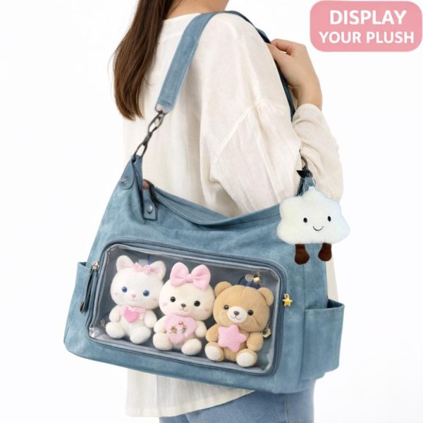 Large Black Kawaii Ita Messenger Bag with Clear Window for Plushies and Pins — ita bag detail view
