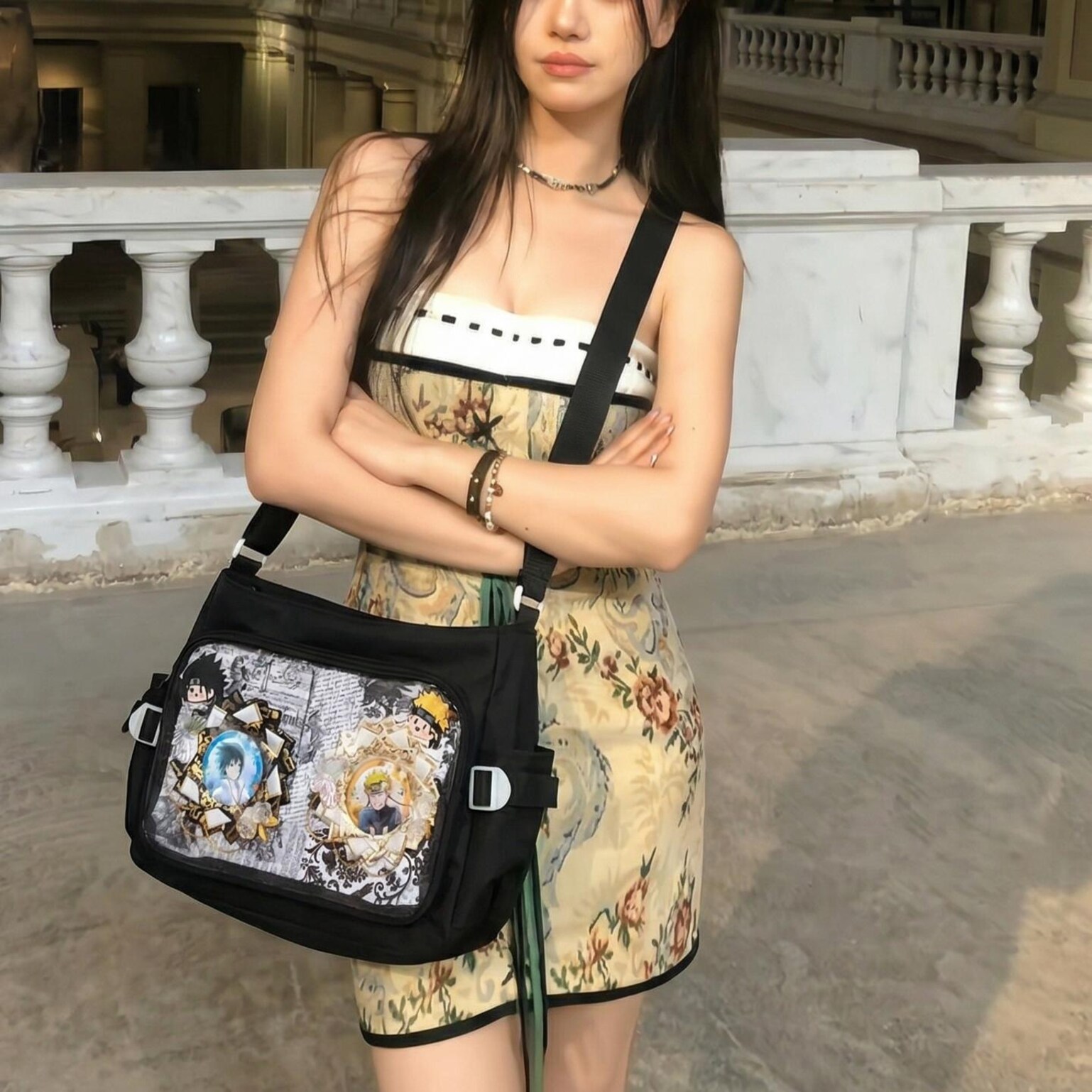Large Black Kawaii Ita Messenger Bag with Clear Window for Plushies and Pins Large Black Kawaii Ita Messenger Bag with Clear Window for Plushies and Pins — ita bag detail view