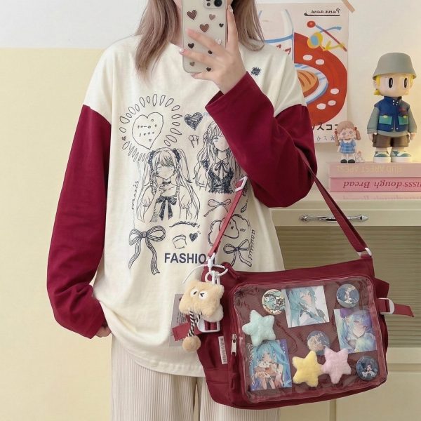 Large Black Kawaii Ita Messenger Bag with Clear Window for Plushies and Pins — ita bag detail view