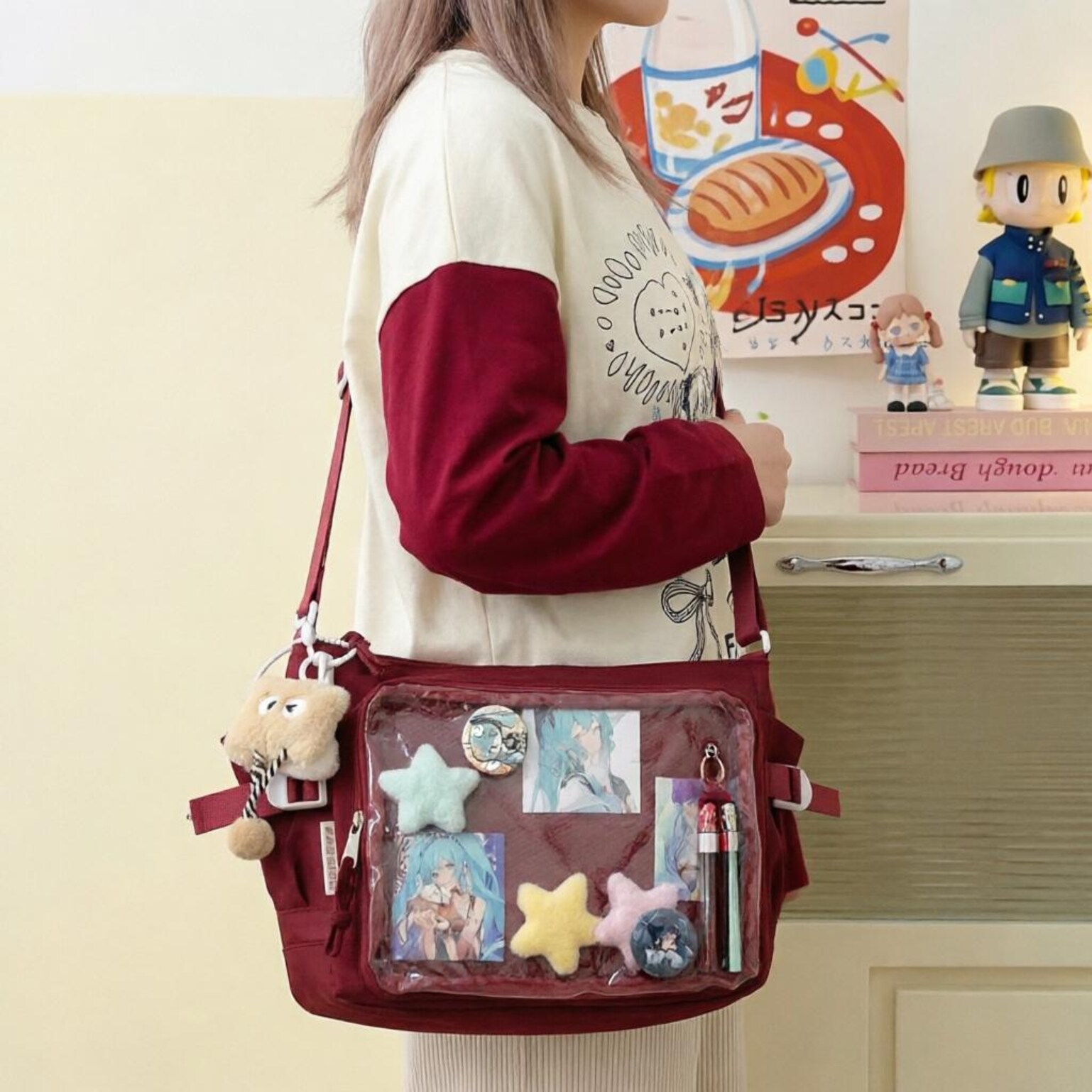 Large Black Kawaii Ita Messenger Bag with Clear Window for Plushies and Pins Large Black Kawaii Ita Messenger Bag with Clear Window for Plushies and Pins — ita bag detail view