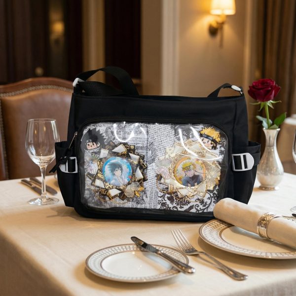 Large Black Kawaii Ita Messenger Bag with Clear Window for Plushies and Pins — ita bag detail view