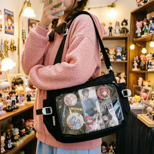 Large Black Kawaii Ita Messenger Bag with Clear Window for Plushies and Pins — ita bag with clear display window