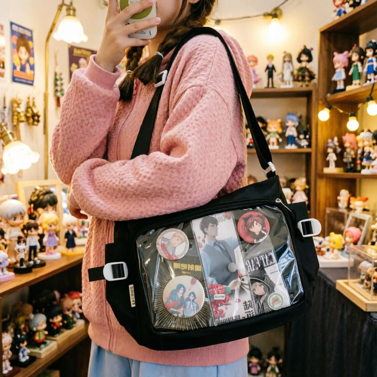 Large Black Kawaii Ita Messenger Bag with Clear Window for Plushies and Pins
