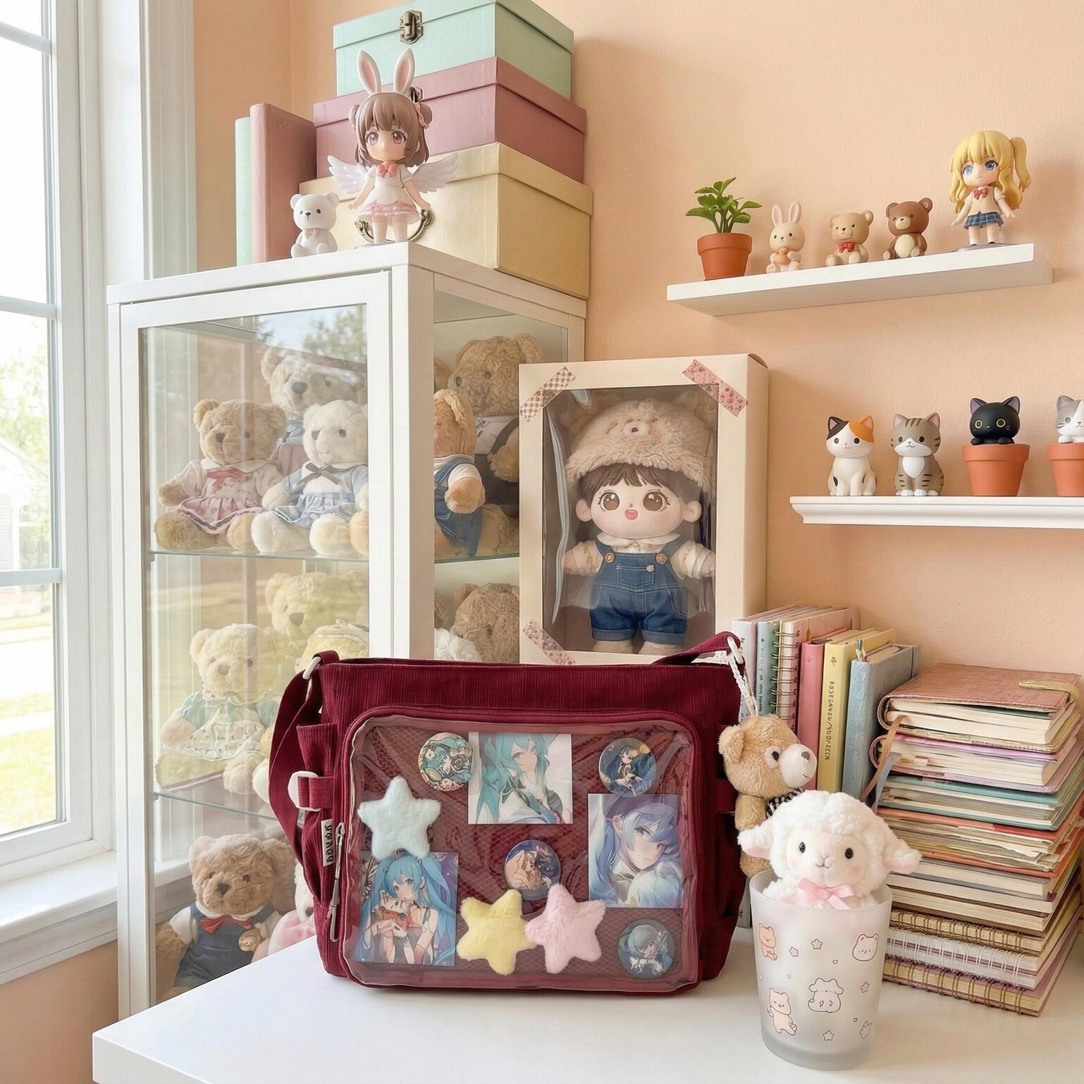 Large Black Kawaii Ita Messenger Bag with Clear Window for Plushies and Pins Large Black Kawaii Ita Messenger Bag with Clear Window for Plushies and Pins — ita bag detail view