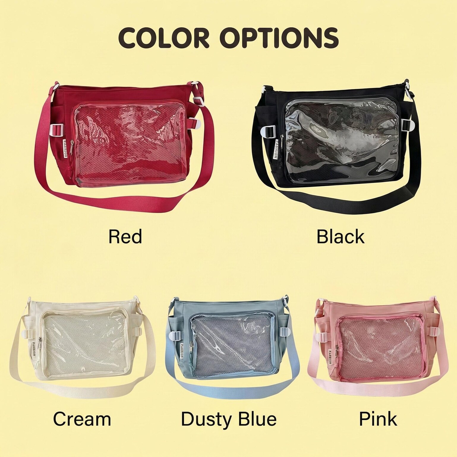Large Black Kawaii Ita Messenger Bag with Clear Window for Plushies and Pins Large Black Kawaii Ita Messenger Bag with Clear Window for Plushies and Pins — ita bag detail view