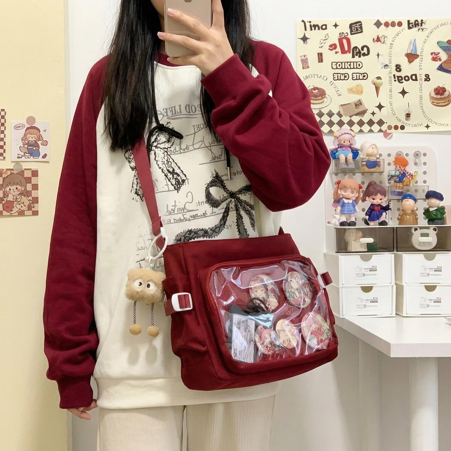 Large Black Kawaii Ita Messenger Bag with Clear Window for Plushies and Pins Large Black Kawaii Ita Messenger Bag with Clear Window for Plushies and Pins — ita bag detail view