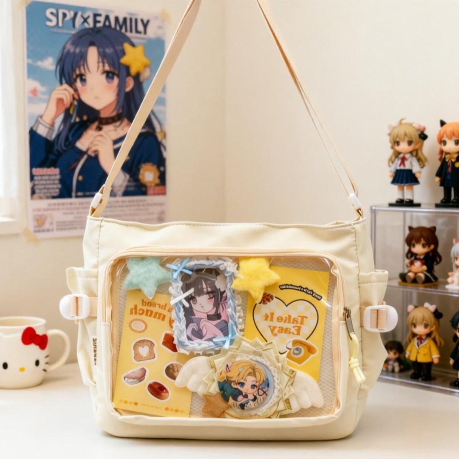Large Black Kawaii Ita Messenger Bag with Clear Window for Plushies and Pins Large Black Kawaii Ita Messenger Bag with Clear Window for Plushies and Pins — ita bag detail view
