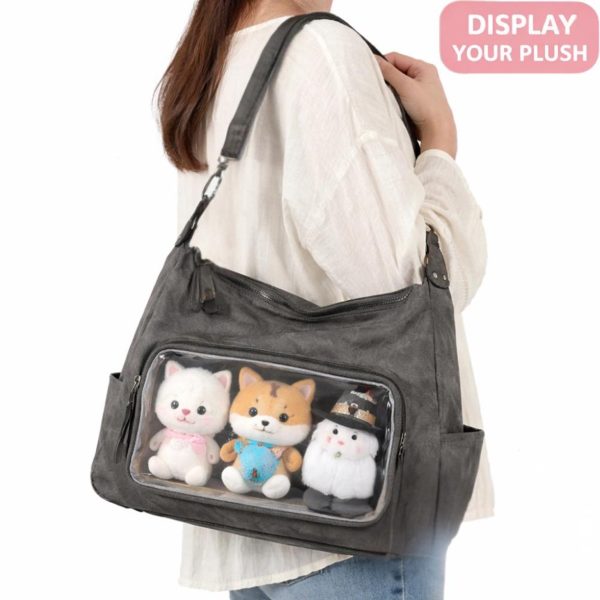 Large Black Kawaii Ita Messenger Bag with Clear Window for Plushies and Pins — ita bag detail view