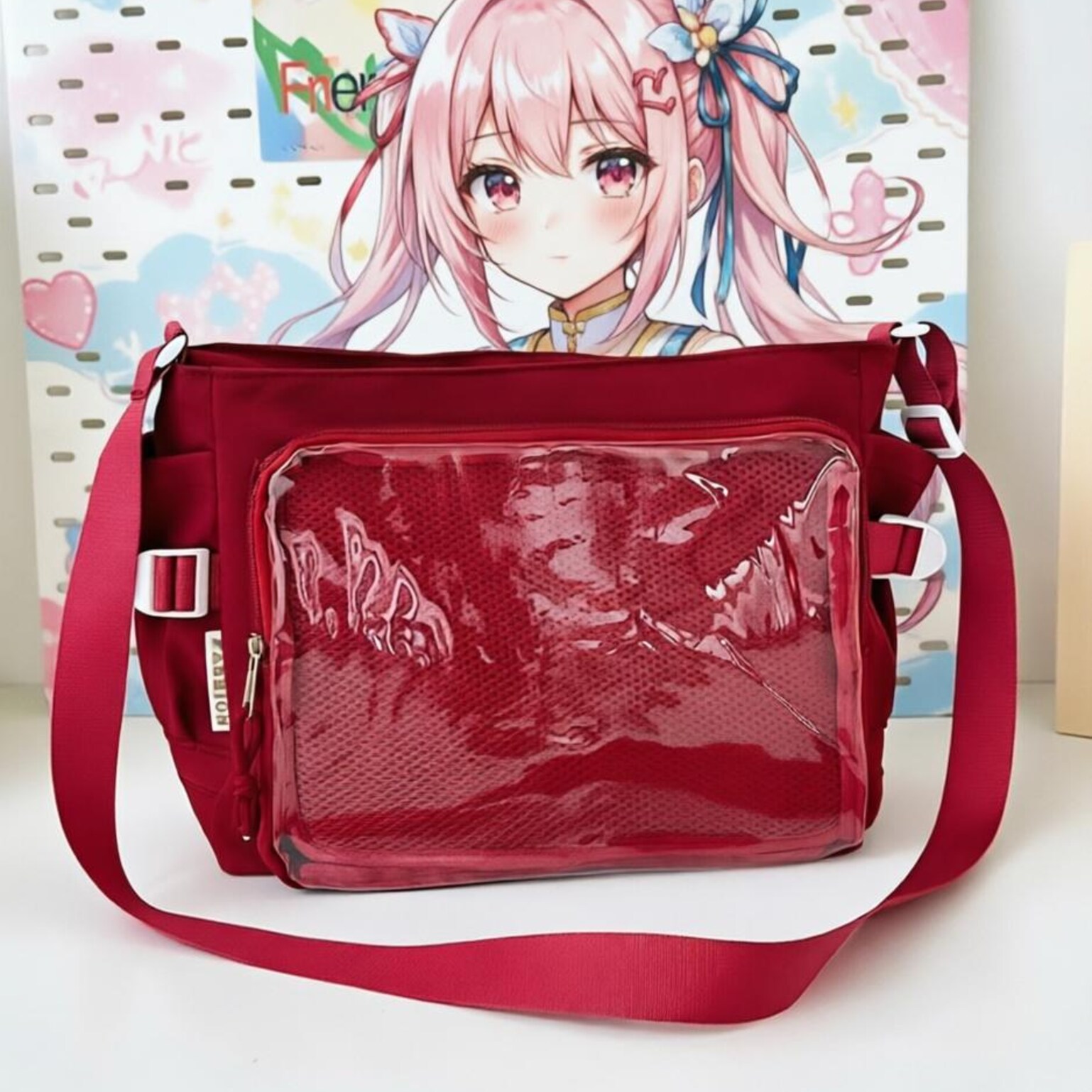 Large Black Kawaii Ita Messenger Bag with Clear Window for Plushies and Pins Large Black Kawaii Ita Messenger Bag with Clear Window for Plushies and Pins — ita bag detail view