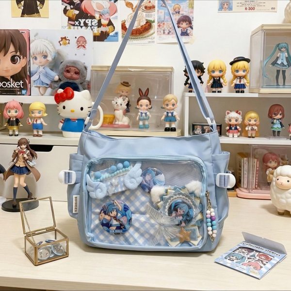 Large Black Kawaii Ita Messenger Bag with Clear Window for Plushies and Pins — ita bag detail view