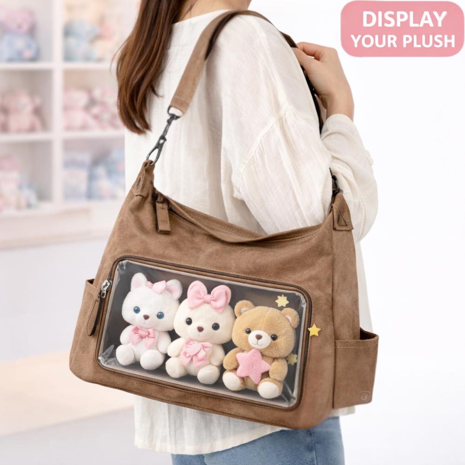 Large Black Kawaii Ita Shoulder Bag with Clear Window for Plushies and Pins Large Black Kawaii Ita Shoulder Bag with Clear Window for Plushies and Pins — crossbody ita bag detail view